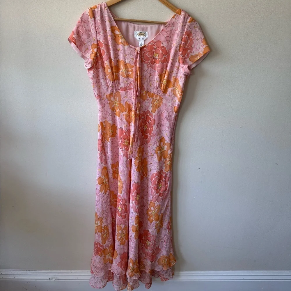 CONSIGNED—Talbots Pink and Orange Silk Floral Dress - Picture 2 of 5